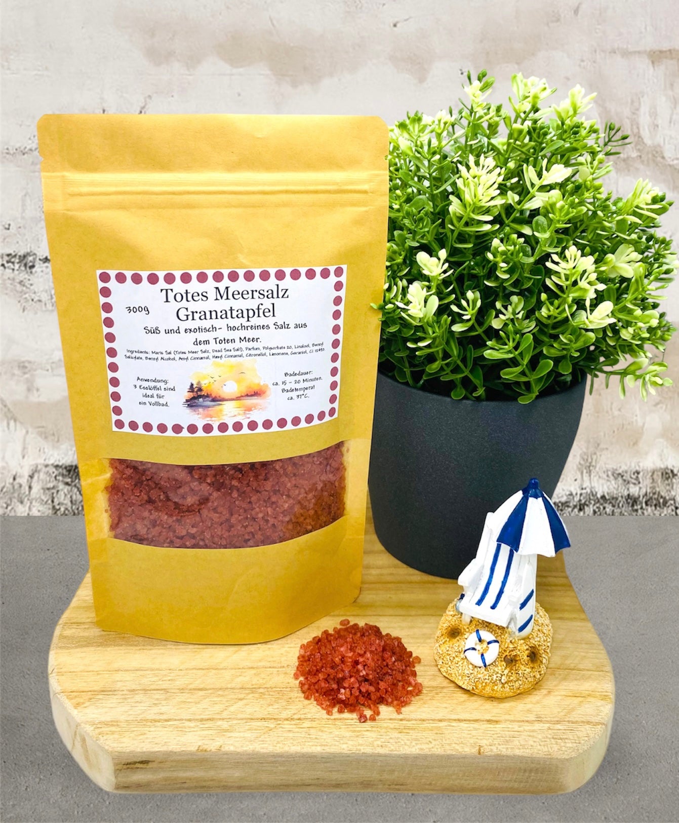 Sensual sunset magic: pomegranate bath salts in printed kraft paper bags