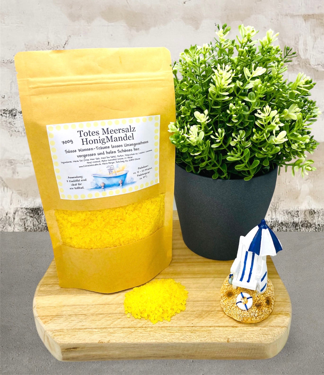 Sweet pampering: Honey almond bath salts in printed kraft paper bags with relaxing bathtub illustration