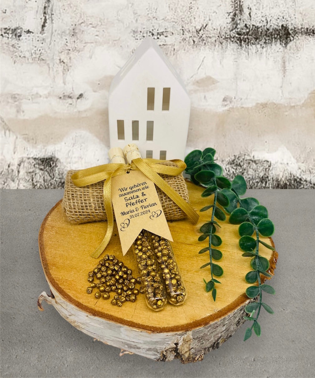 Golden Spice of Love Kraft Paper Tags: Personalized test tubes for the perfect wedding couple