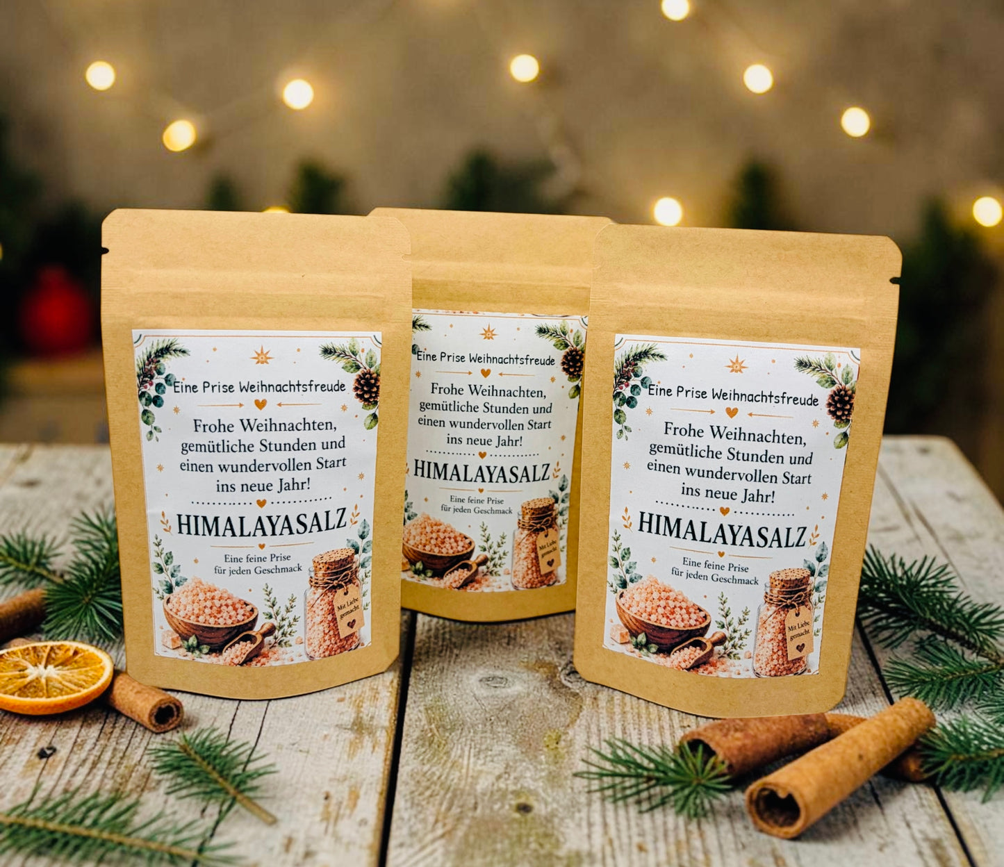 Drei liebevoll gestaltete Weihnachtsgeschenke mit Himalayasalz in Kraftpapierbeuteln. Eine kleine Aufmerksamkeit zu Weihnachten für Freunde, Nachbarn, Kollegen, Mitarbeiter, Lehrer oder Familie. Die weihnachtlichen Gewürzgeschenke mit dem Spruch „Eine Prise Weihnachtsfreude“ eignen sich ideal als kleines Dankeschön, Wichtelgeschenk, Weihnachtsmitbringsel oder Geschenkidee für die Adventszeit. Mediterraner Genuss für Pasta und gemütliche Weihnachtsmomente.