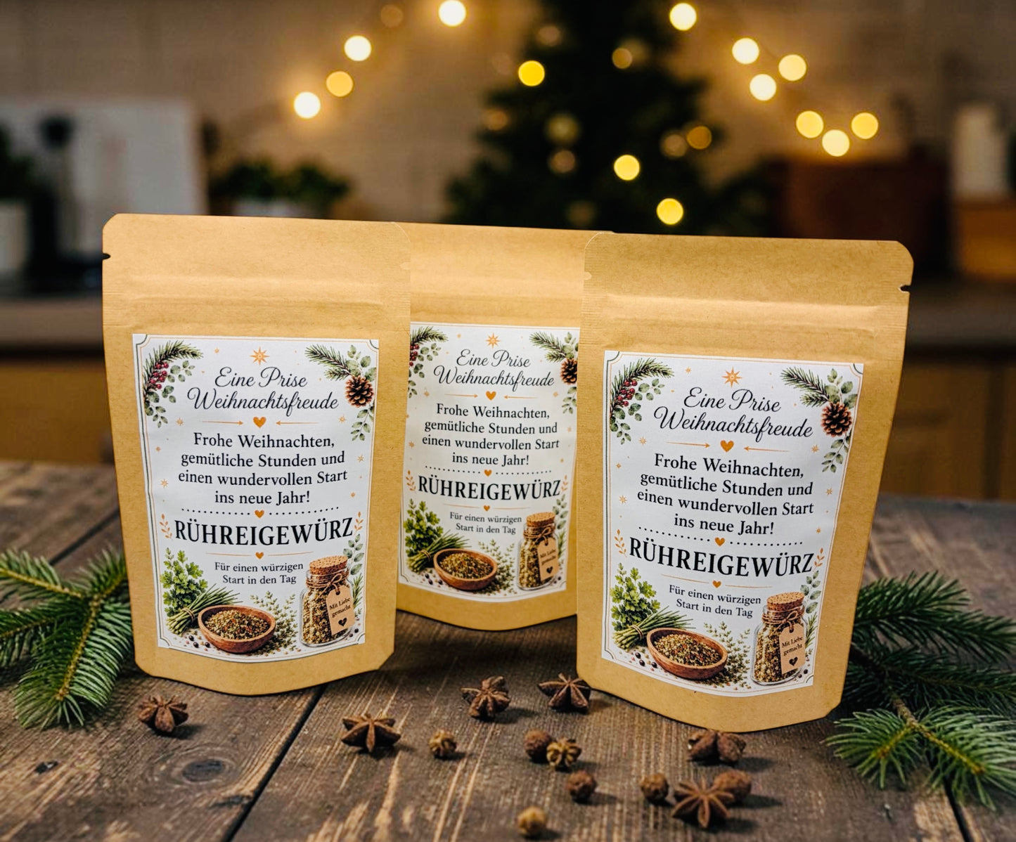 Drei liebevoll gestaltete Weihnachtsgeschenke mit Rührei Gewürzmischung in Kraftpapierbeuteln. Eine kleine Aufmerksamkeit zu Weihnachten für Freunde, Nachbarn, Kollegen, Mitarbeiter, Lehrer oder Familie. Die weihnachtlichen Gewürzgeschenke mit dem Spruch „Eine Prise Weihnachtsfreude“ eignen sich ideal als kleines Dankeschön, Wichtelgeschenk, Weihnachtsmitbringsel oder Geschenkidee für die Adventszeit. Mediterraner Genuss für Pasta und gemütliche Weihnachtsmomente.